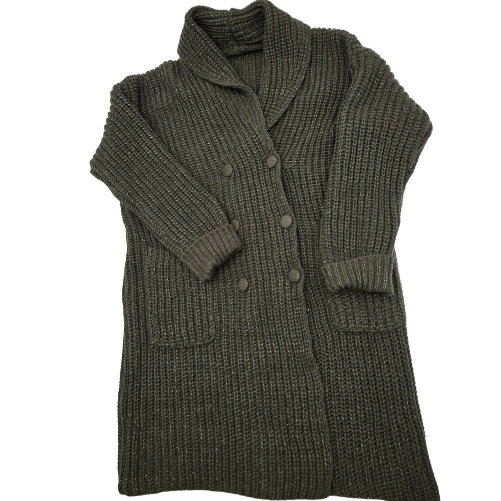 Boho Coatigan Sweater Women Bulky Oversized Olive Green Metallic Knit Cabincore